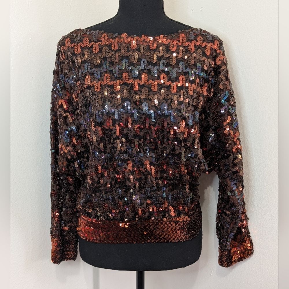 VTG Ann Green Maximalist Disco Ball Whimsical Sparkle Sequins 70s 80s Top M